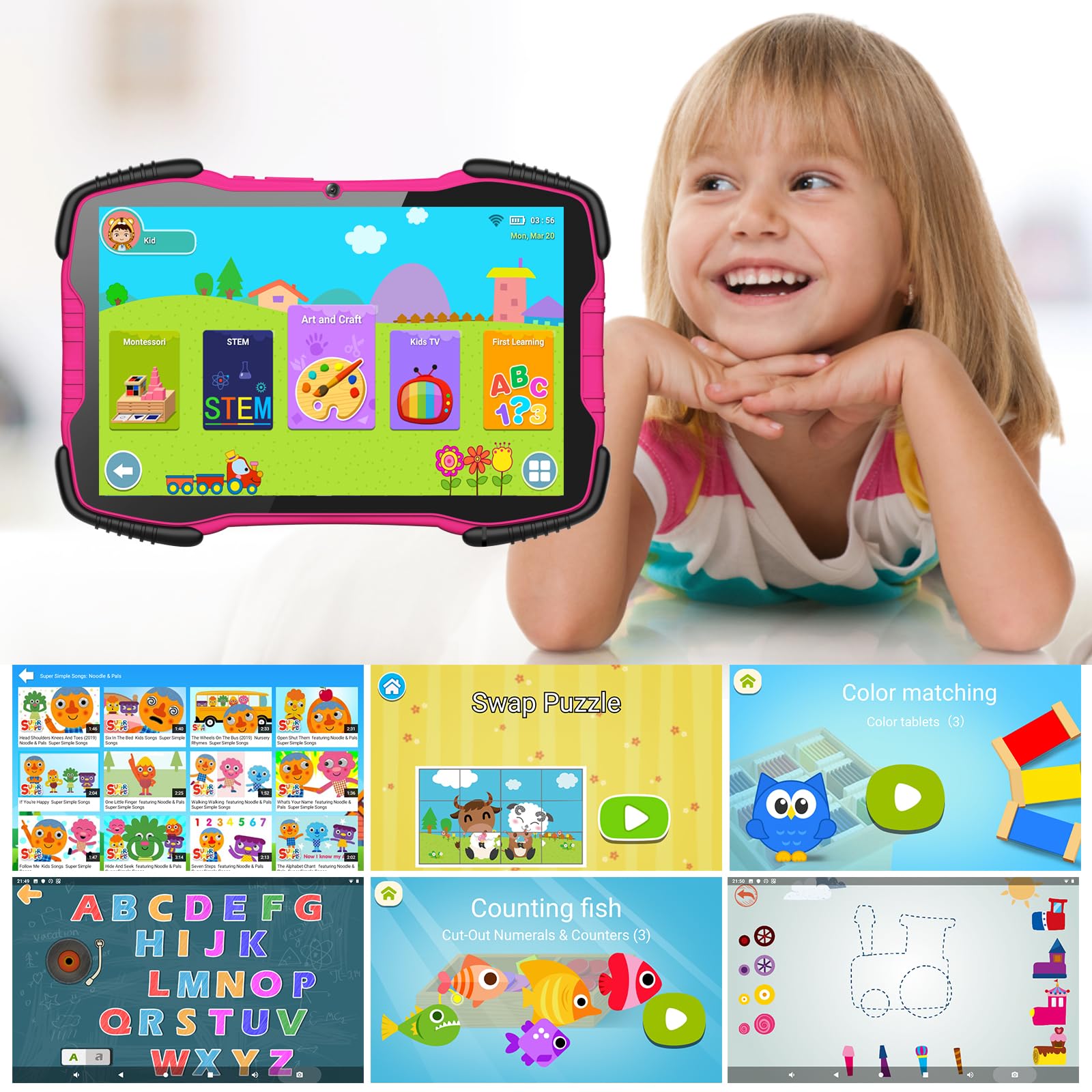 Kids Tablet 10 inch Tablet for Kids 64GB Toddler Tablet with Case, Kids Learning Android Tablet with WiFi Dual Camera IPS Screen Kids Software Installed Childrens Tablet for Toddlers YouTube