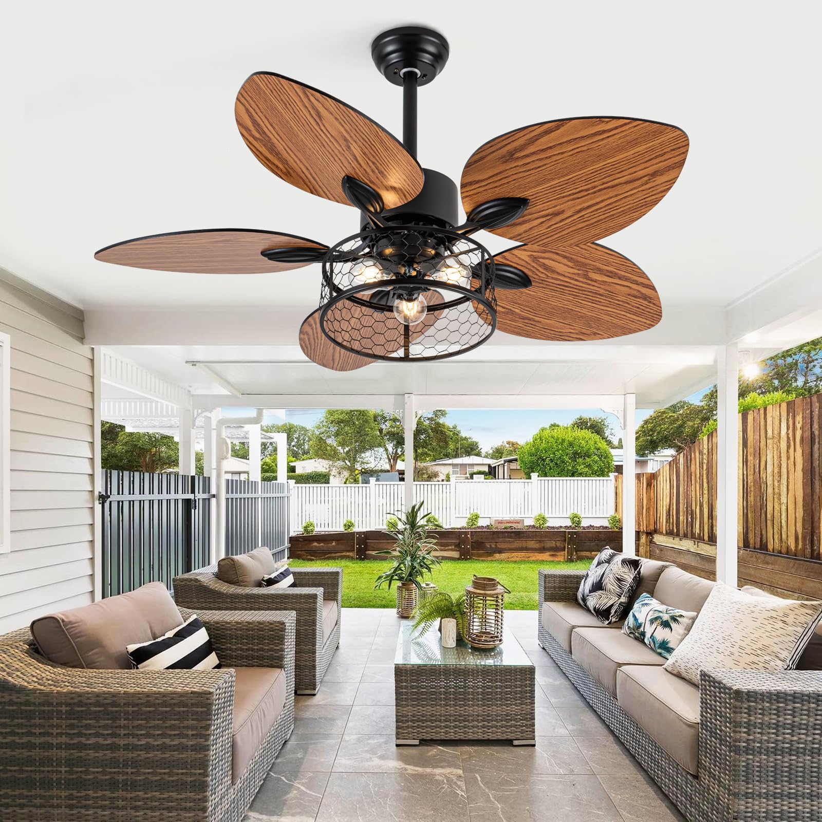 UOJ 42 Inch Farmhouse Ceiling Fan Light Tropical Ceiling Fan with Light Remote Control Rustic Palm Leaf Shape Blades Industrial Cage Light, Matte Black