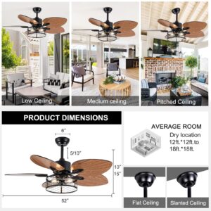 UOJ 42 Inch Farmhouse Ceiling Fan Light Tropical Ceiling Fan with Light Remote Control Rustic Palm Leaf Shape Blades Industrial Cage Light, Matte Black