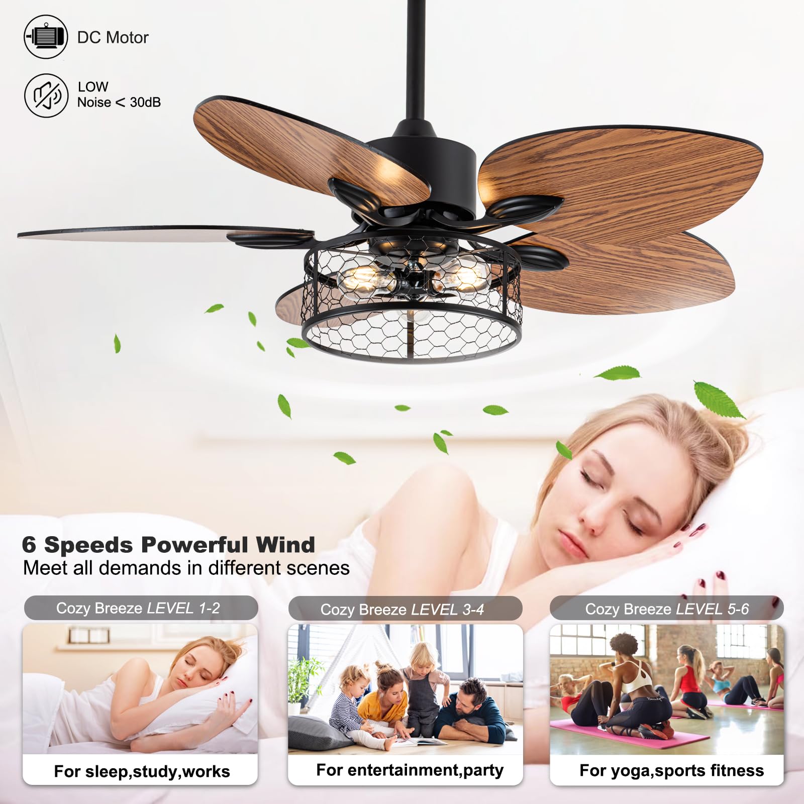 UOJ 42 Inch Farmhouse Ceiling Fan Light Tropical Ceiling Fan with Light Remote Control Rustic Palm Leaf Shape Blades Industrial Cage Light, Matte Black