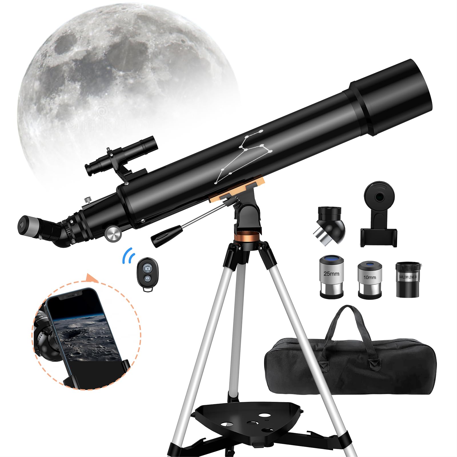 Qniuco Telescope, 80mm Aperture 800mm Telescopes for Adults Astronomy & Kids & Beginners, Portable High Powered Refracting Professional Telescope with an Adjustable Tripod, a Bag, a Phone Adapter