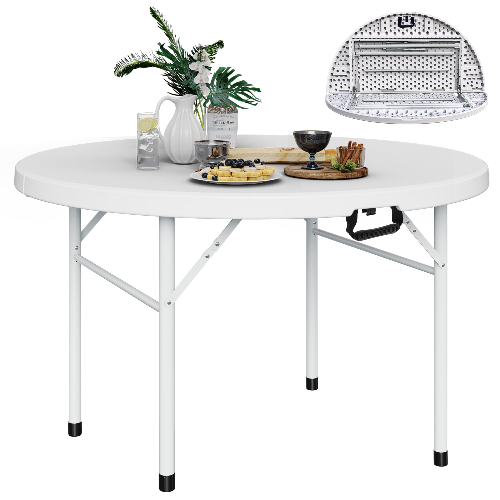 YITAHOME 48 Inch Round Folding Table for Outdoor/Indoor, Heavy Duty Folding Plastic Table w/Thick Table Top and Sturdy Metal Frame, Ideal for Party Picnic Camping BBQ Events, White