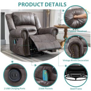 MEETWARM Massage Swivel Rocker Recliner with Heat and Vibration, Manual Glider Rocking Recliner Chair, 360°Swivel Lounge Reclining Chair with Remote Control/USB Ports for Living Room(Gray)