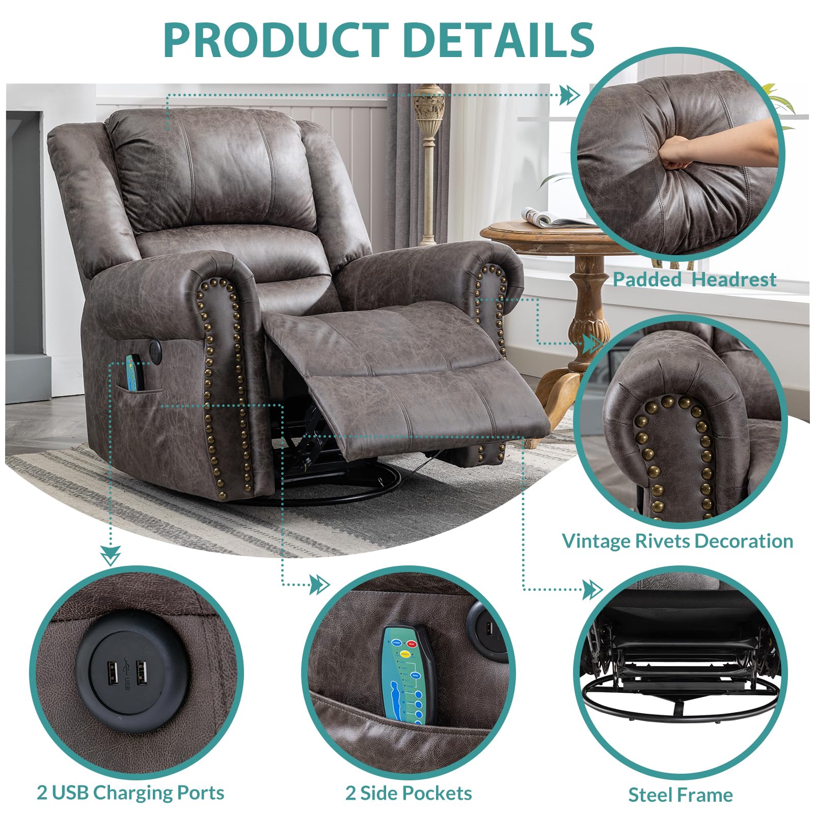 MEETWARM Massage Swivel Rocker Recliner with Heat and Vibration, Manual Glider Rocking Recliner Chair, 360°Swivel Lounge Reclining Chair with Remote Control/USB Ports for Living Room(Gray)