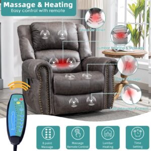 MEETWARM Massage Swivel Rocker Recliner with Heat and Vibration, Manual Glider Rocking Recliner Chair, 360°Swivel Lounge Reclining Chair with Remote Control/USB Ports for Living Room(Gray)