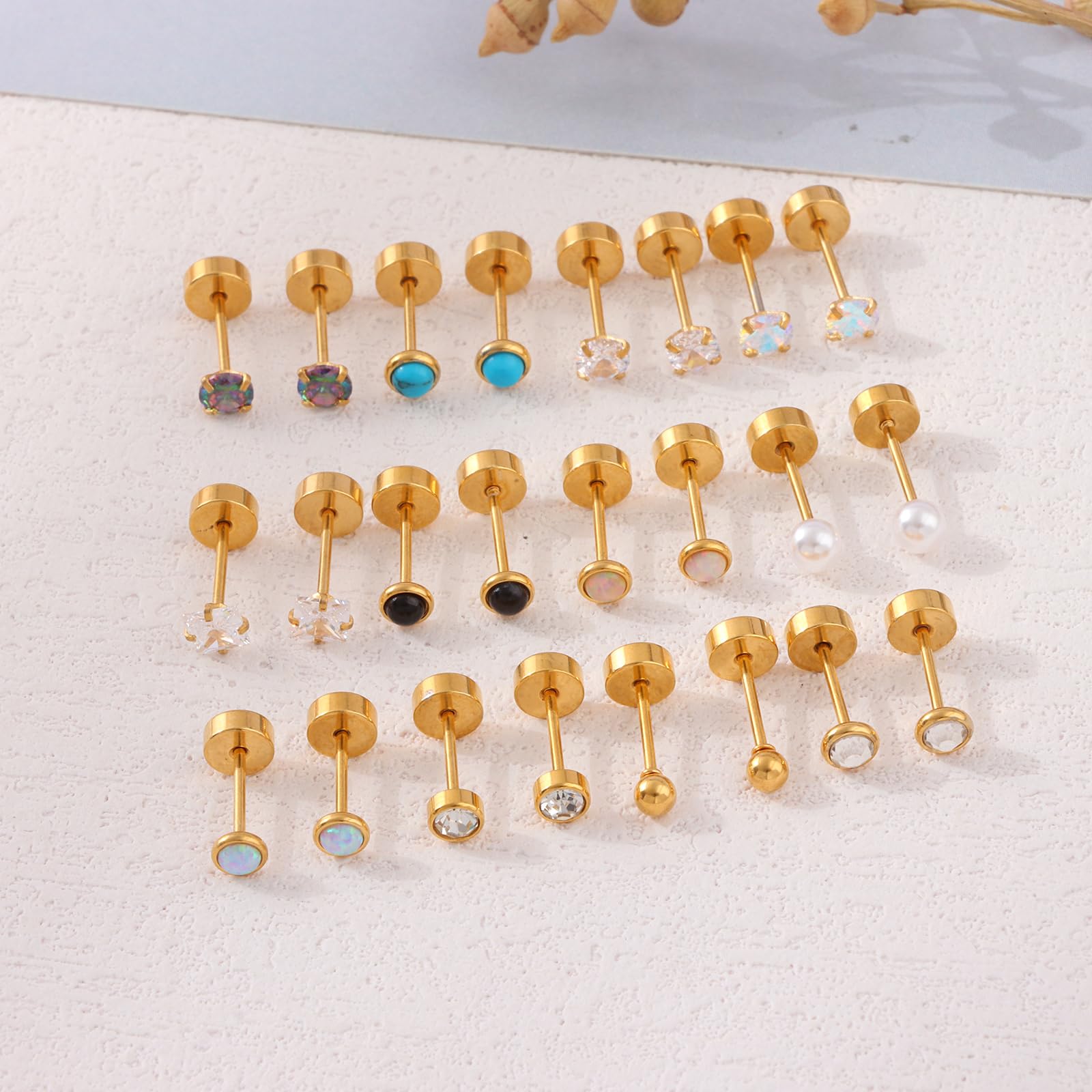 CASDAN 12 Pairs Surgical Steel Flatback Stud Earrings for Women Men CZ Opal Pearl Screw Back Earrings Cartilage Earrings Sleep Hypoallergenic Earrings for Sensitive Ears