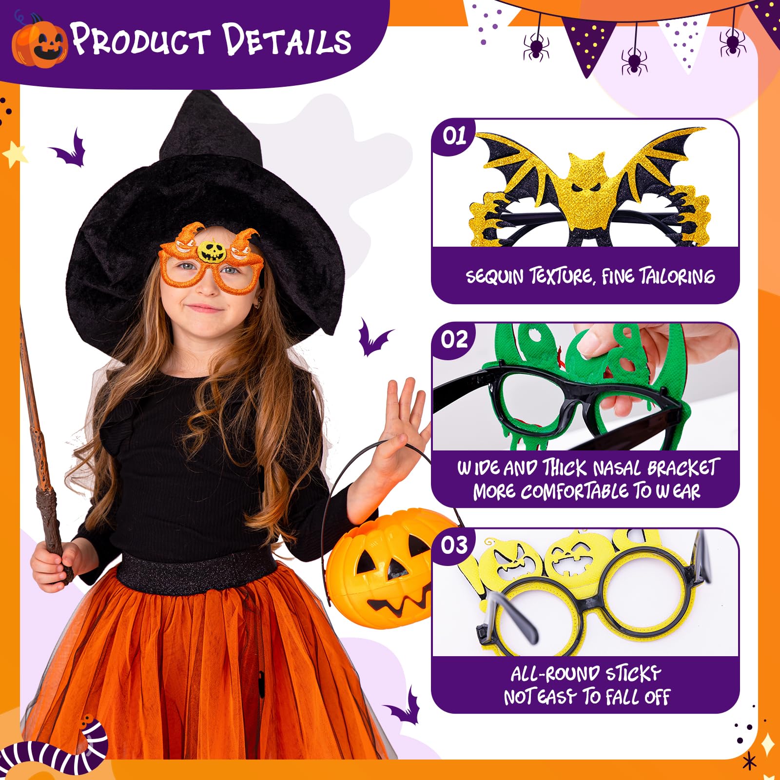 Max Fun 12Pcs Halloween Party Glasses Glitter Holiday Glasses Frames Halloween Decorations Accessories Costume Eyeglasses for Halloween Parties Holiday Favors