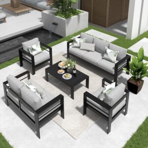 Solaste Aluminum Patio Furniture Set,5 Pieces Modern Outdoor Conversation Set Sectional Sofa with Upgrade Cushion and Coffee Table,Black Frame and Grey Cushion