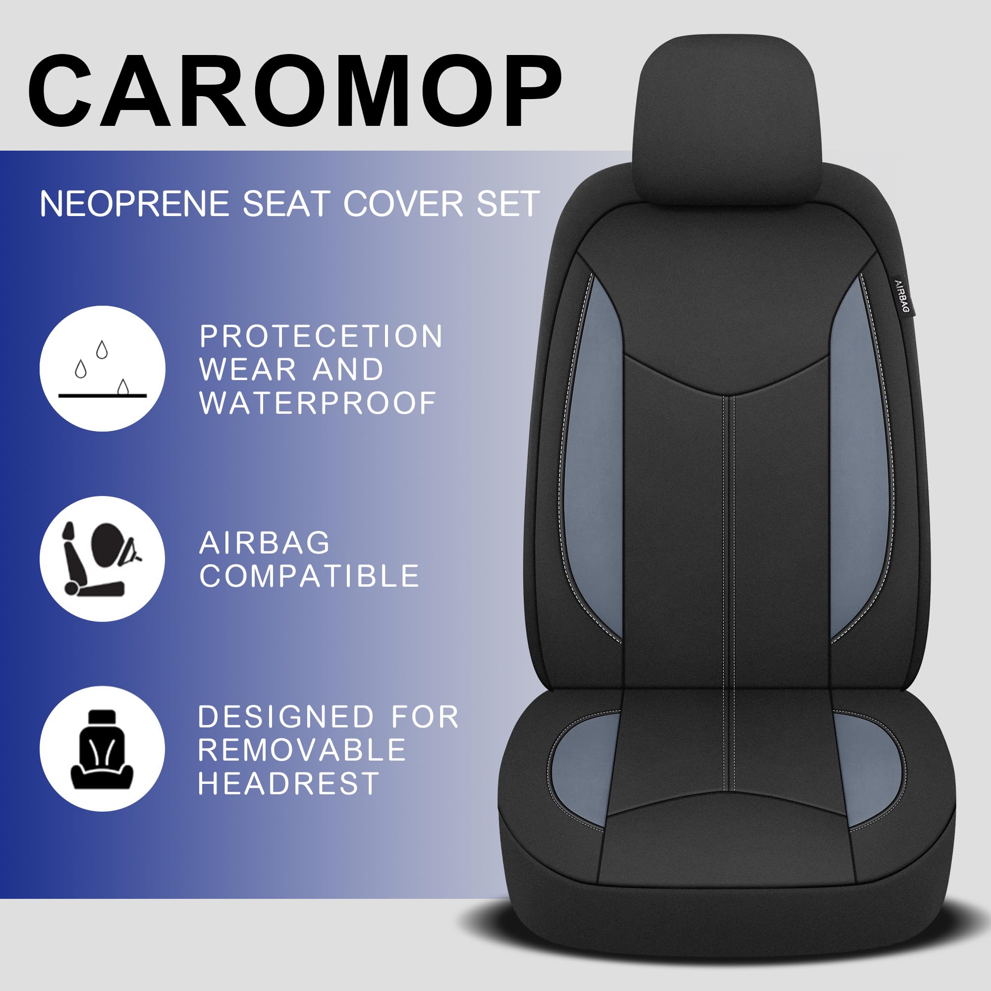 CAROMOP Neoprene Car Seat Cover 2 Front Seats, Waterproof Seat Covers for Cars, Universal Fit for Most Car Interior Covers-Sedan Truck SUV(Black/Gray)