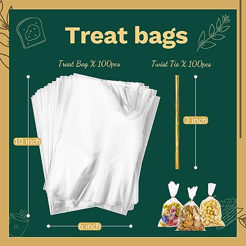 LOKIQNG Cellophane Bags Plastic Gift Bags Clear Cookie Bags Treat Bags with Twist Ties for Party Favor Bags(100PACK,6x10inch)