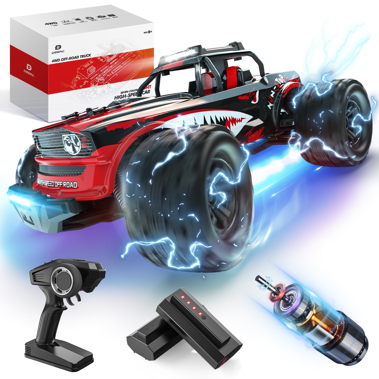 DEERC 1:14 Fast RC Cars with Colorful Led Lights,40KM/H High Speed Shark Remote Control Car,4X4 All Terrains RC Monster Truck,Waterproof Off-Road with 2 Batteries level indicator for Adults Boys