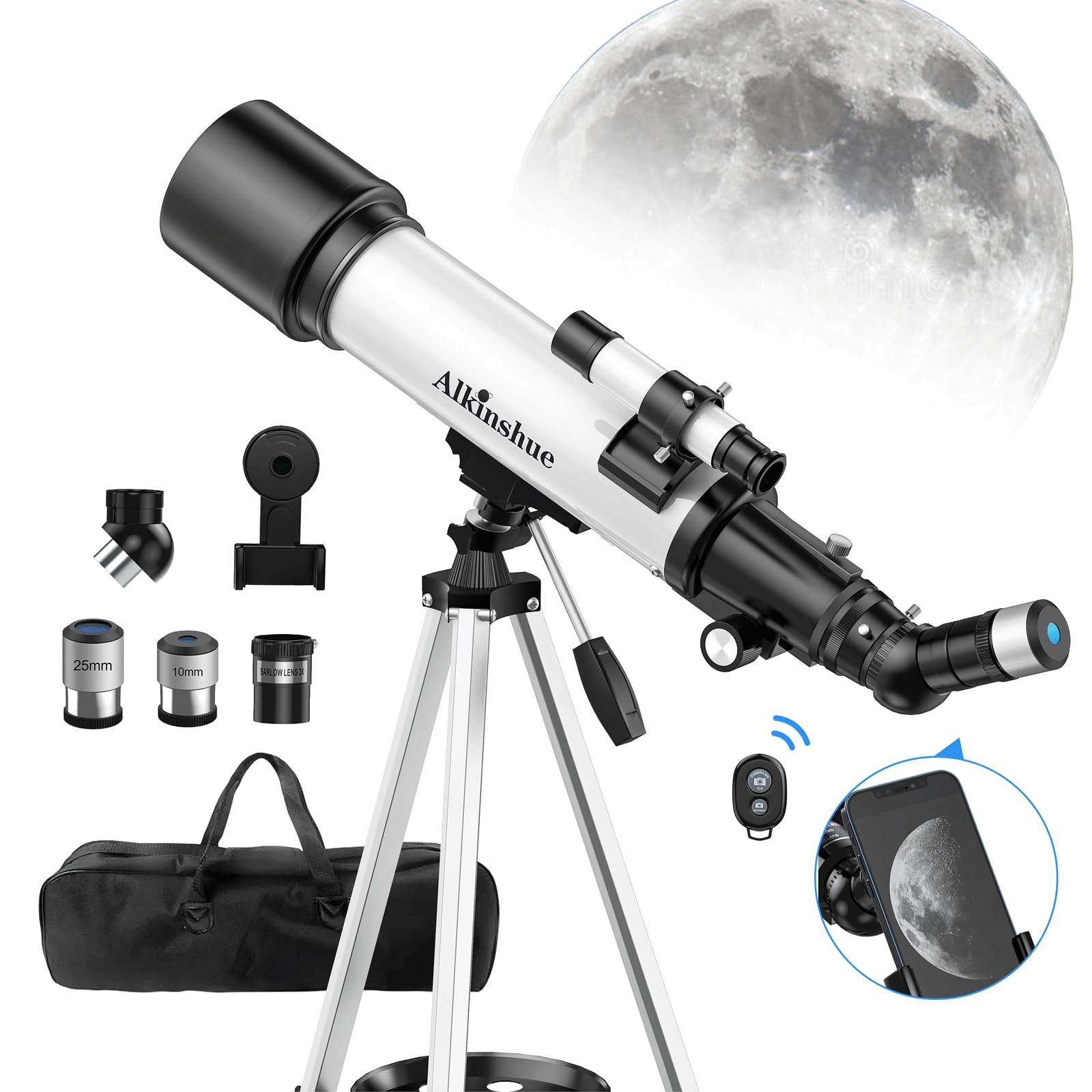 Telescope 70mm Aperture 600mm -Magnification 24-180X, Astronomical Portable Refracting Telescope Fully Multi-Coated High Transmission Coatings AZ Mount with Tripod &Wireless Control & Carrying Bag