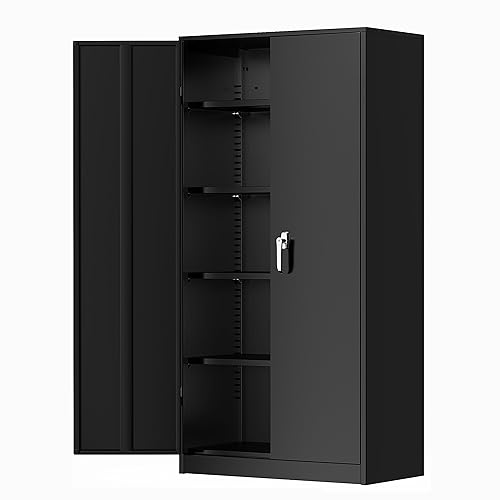 Greenvelly Metal Storage Cabinets 72” Black Garage Steel Storage Cabinet with Doors and Shelves, Metal Tool Cabinet, Steel File Cabinet for Home Office, Basement, Warehouse, Classroom（Anti Tipping）