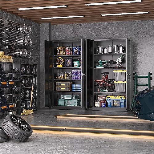 Greenvelly Metal Storage Cabinets 72” Black Garage Steel Storage Cabinet with Doors and Shelves, Metal Tool Cabinet, Steel File Cabinet for Home Office, Basement, Warehouse, Classroom（Anti Tipping）