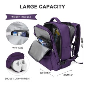 Travel Backpack Women, Carry On Backpack for Men, Hiking Laptop Backpack Waterproof Outdoor Sports Rucksack Casual Daypack, Dark Purple