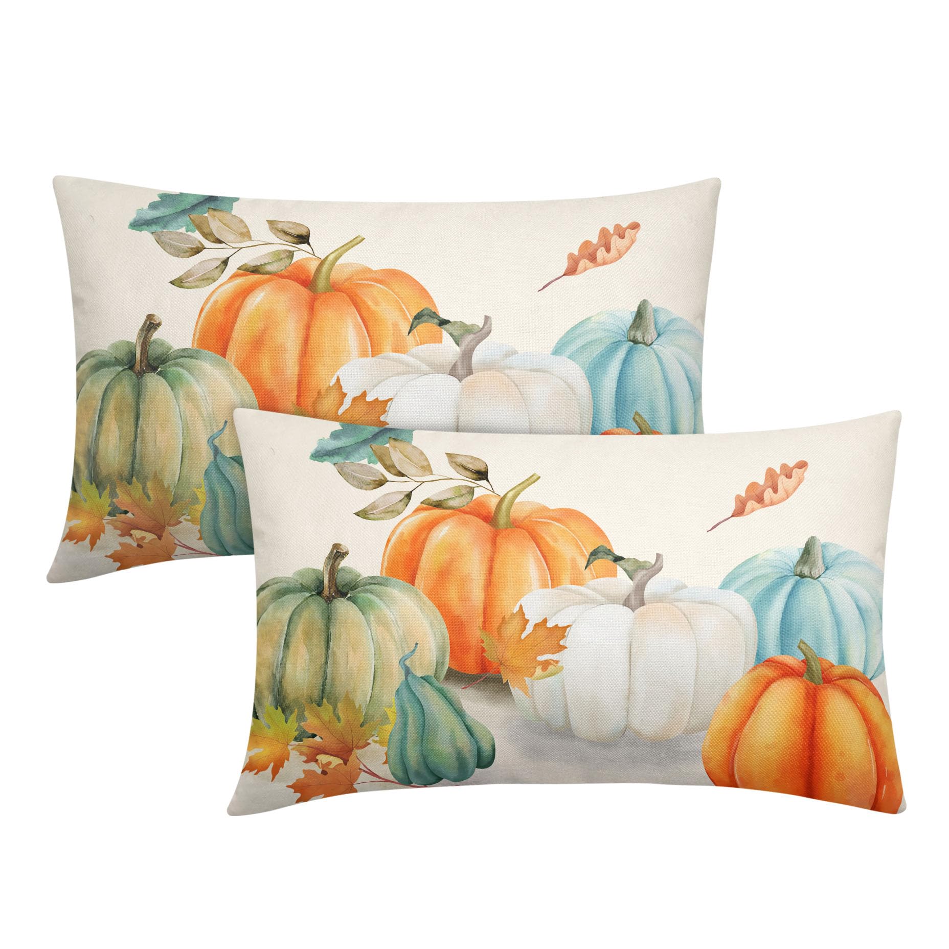 Fall Maple Leaves Lumbar Pillow Covers 12X20 In Teal Orange White Green Pumpkins Decorative Couch Pillow Cases Set of 2 Autumn Thanksgiving Throw Pillows Farm Decor For Room Porch Patio Couch Outdoor