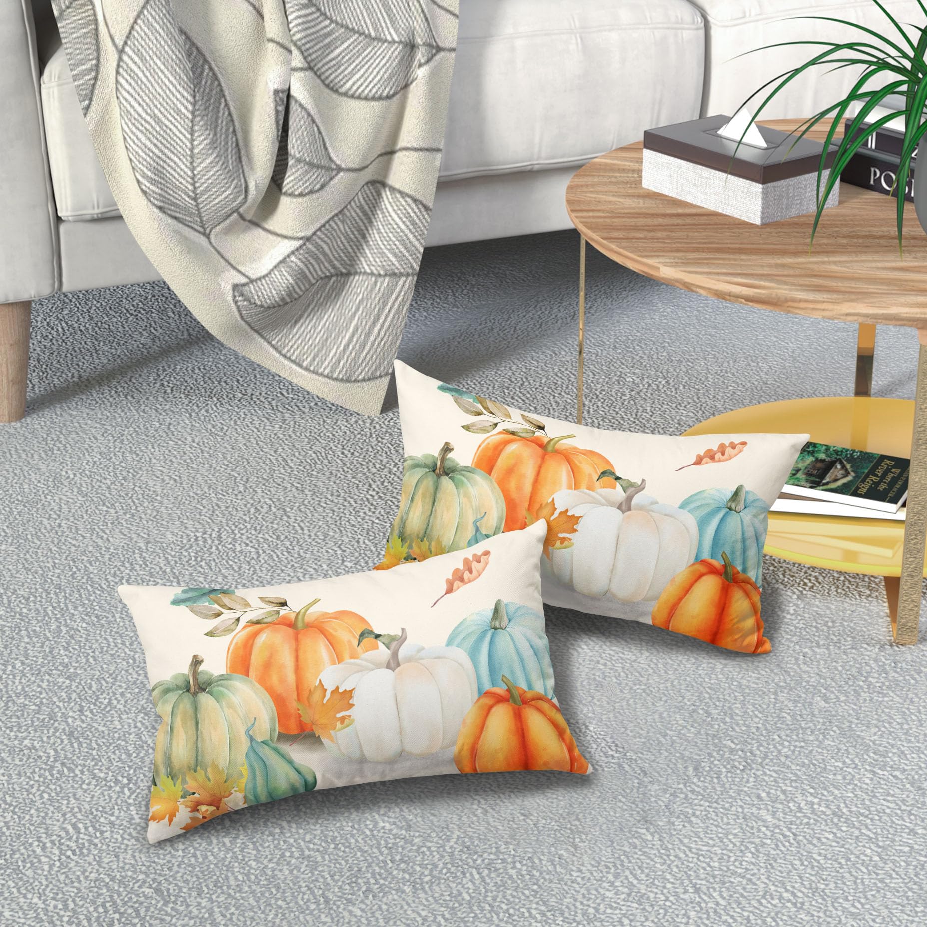 Fall Maple Leaves Lumbar Pillow Covers 12X20 In Teal Orange White Green Pumpkins Decorative Couch Pillow Cases Set of 2 Autumn Thanksgiving Throw Pillows Farm Decor For Room Porch Patio Couch Outdoor