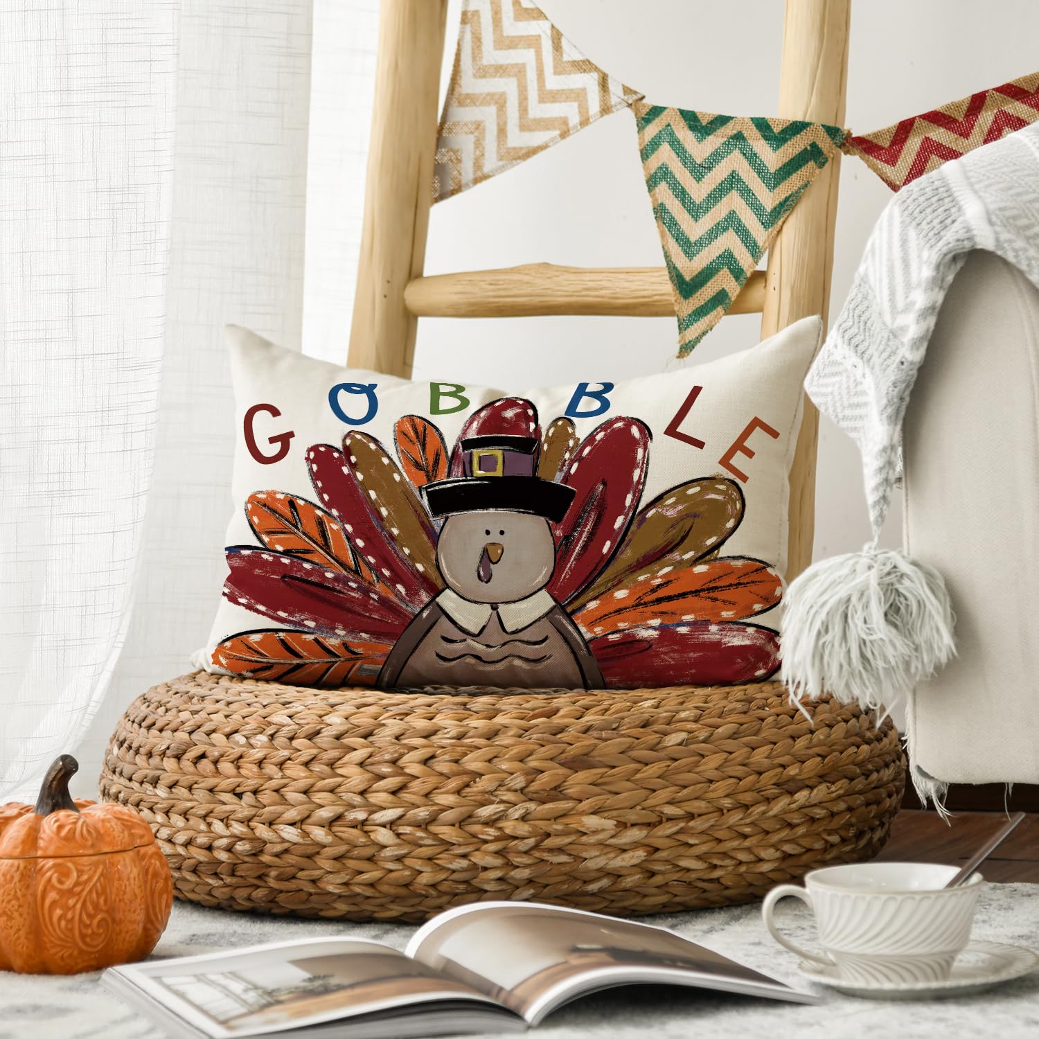 AVOIN colorlife Gobble Turkey Thanksgiving Throw Pillow Cover, 12 x 20 Inch Thanksgiving Cushion Case for Sofa Couch