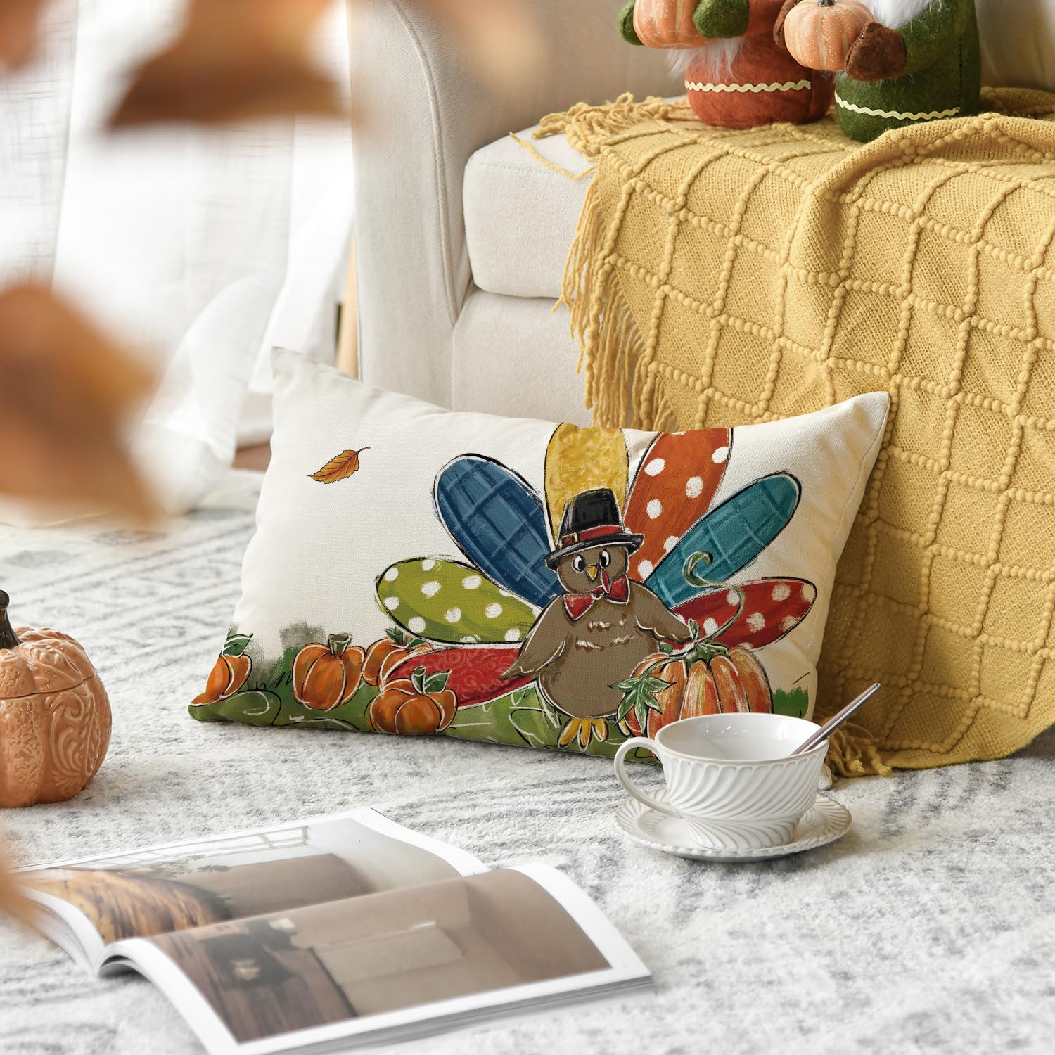 AVOIN colorlife Thanksgiving Turkey Pumpkin Throw Pillow Cover, 12 x 20 Inch Thanksgiving Fall Cushion Case for Sofa Couch