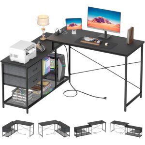 homieasy reversible l shaped desk with power outlet, corner computer desk with drawers and storage shelves, l-shaped long home office desk study writing desk gaming desk, black