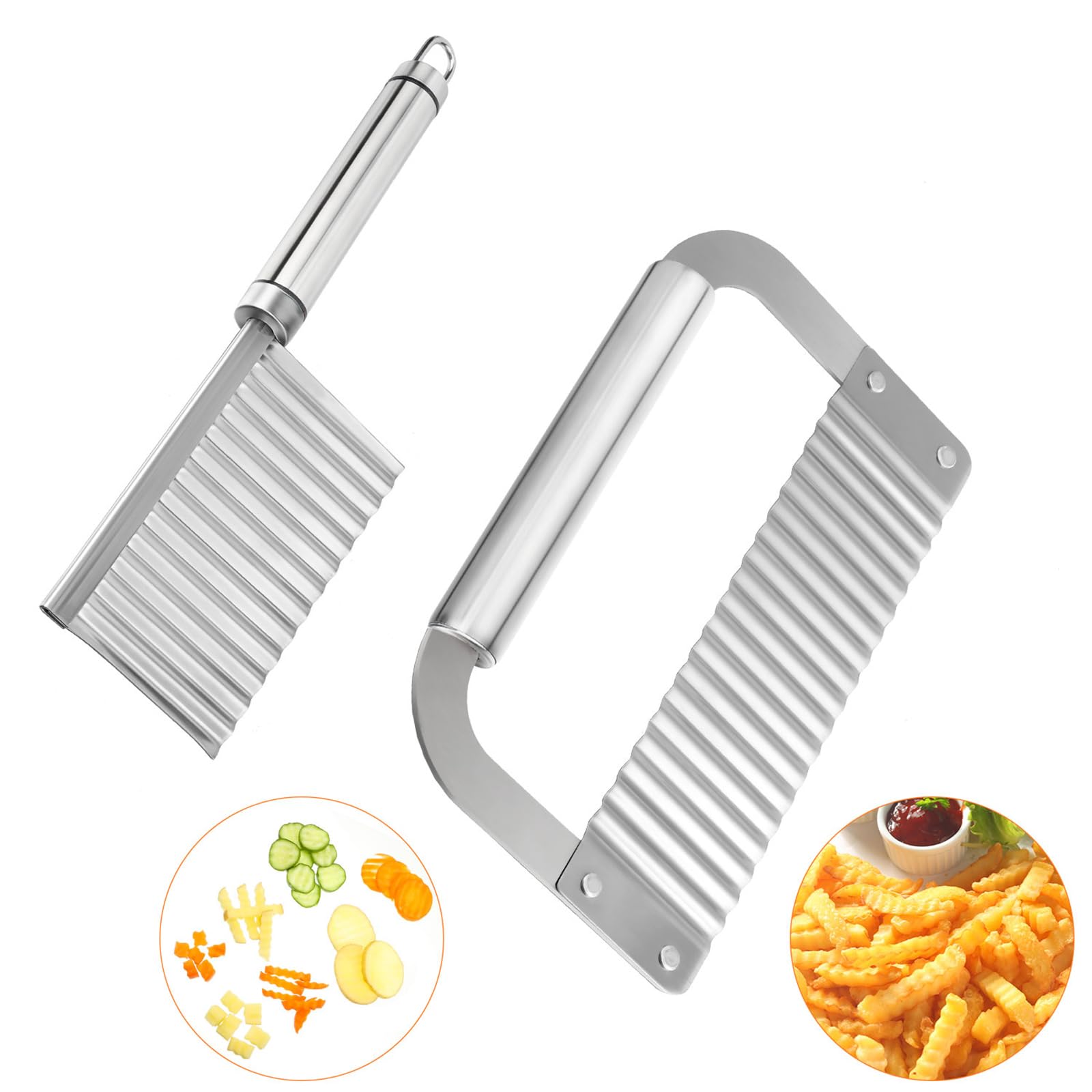 2 Pieces Crinkle Cutters for Vegetable Potatoes Fries Stainless Steel Wavy Slicers Kitchen Crinkle Cutter Knife Chipper Salad Chopping Cucumber Carrot Fruit (Stainless Steel Handle)