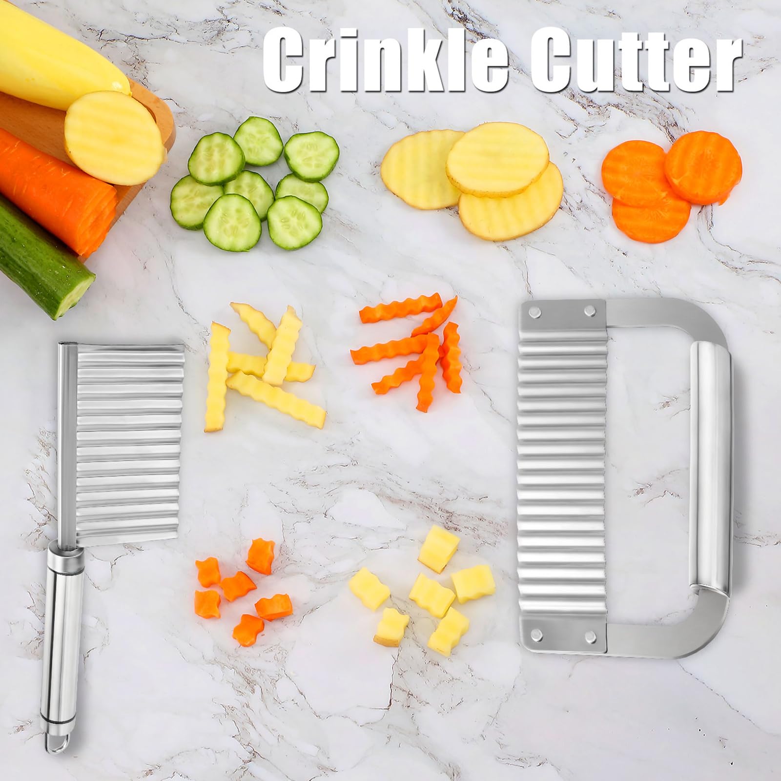 2 Pieces Crinkle Cutters for Vegetable Potatoes Fries Stainless Steel Wavy Slicers Kitchen Crinkle Cutter Knife Chipper Salad Chopping Cucumber Carrot Fruit (Stainless Steel Handle)