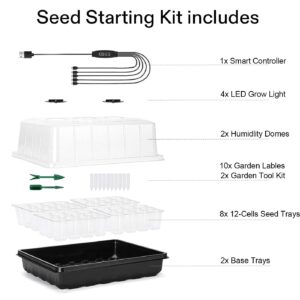 CANNABMALL 2 Packs Seed Starter Tray with Grow Light Samsung LM281B Diodes, Dimmable Seedling Starter Trays, 96 Cells Germination Trays Kit with Humidity Dome for Indoor Gardening Plant Black