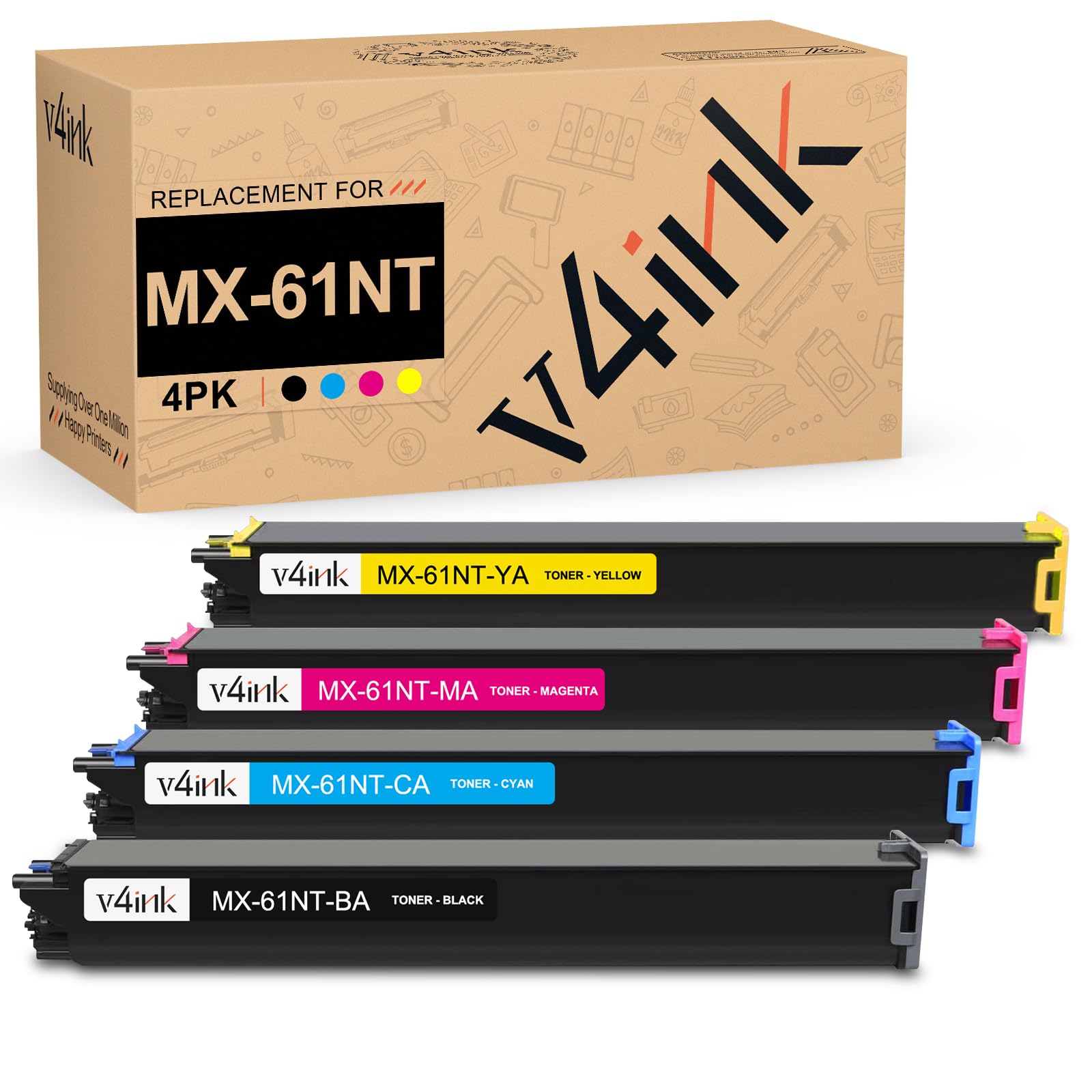 v4ink MX-61NT High Yield Compatible Replacement for Sharp MX-61NT MX-61NTBA MX-61NTCA MX-61NTMA MX-61NTYA Toner Cartridge for MX-2651 MX-3051 MX-3071 MX-3551 MX-3571 MX-4051 MX-4071 Printer, 4-Pack