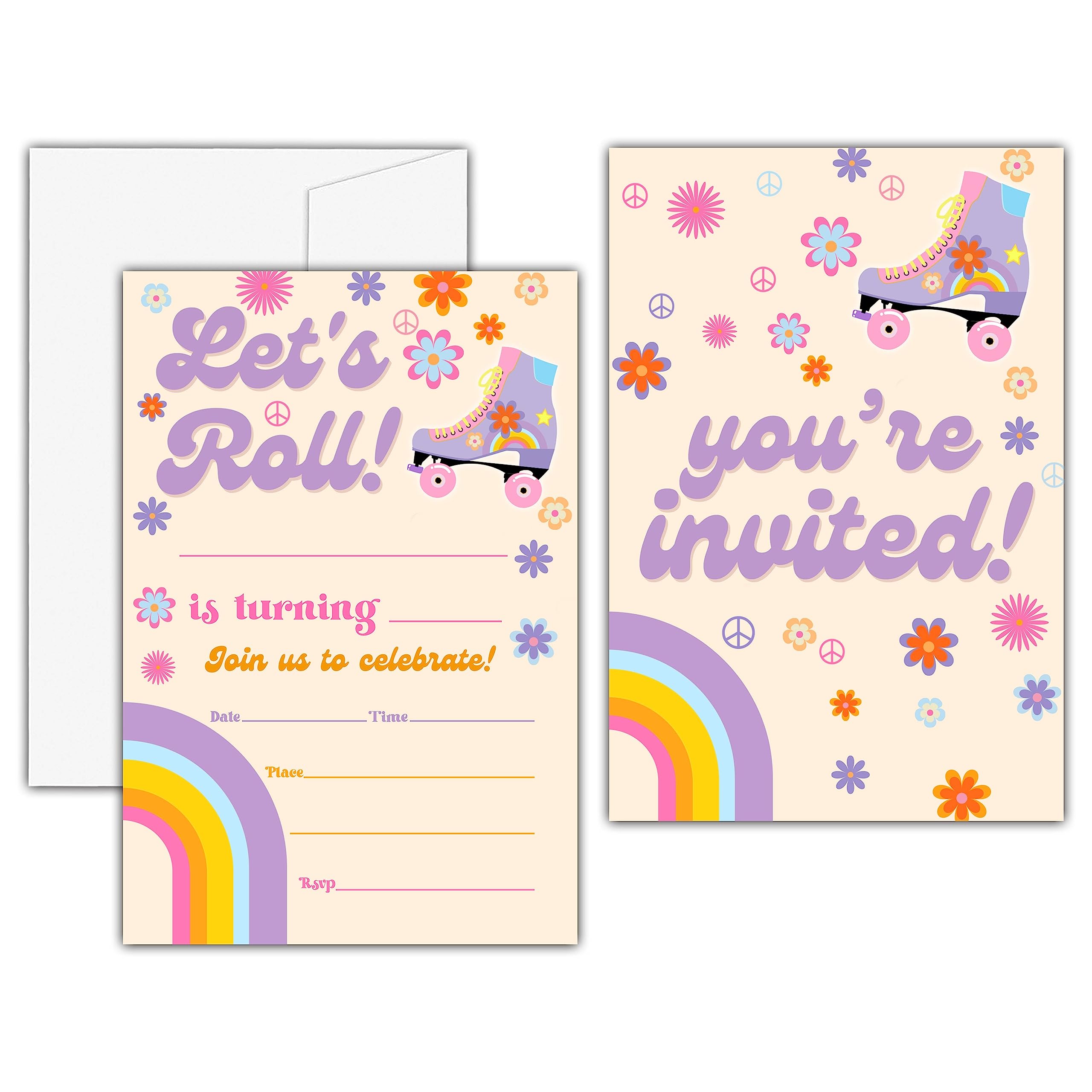 Roller Skating Birthday Invitations, Daisy Rainbow Birthday Party Invitation Card, Retro Groovy Roller Skate Birthday Party Favors & Celebration Supplies(20 Set of Invitations with Envelopes)-C06