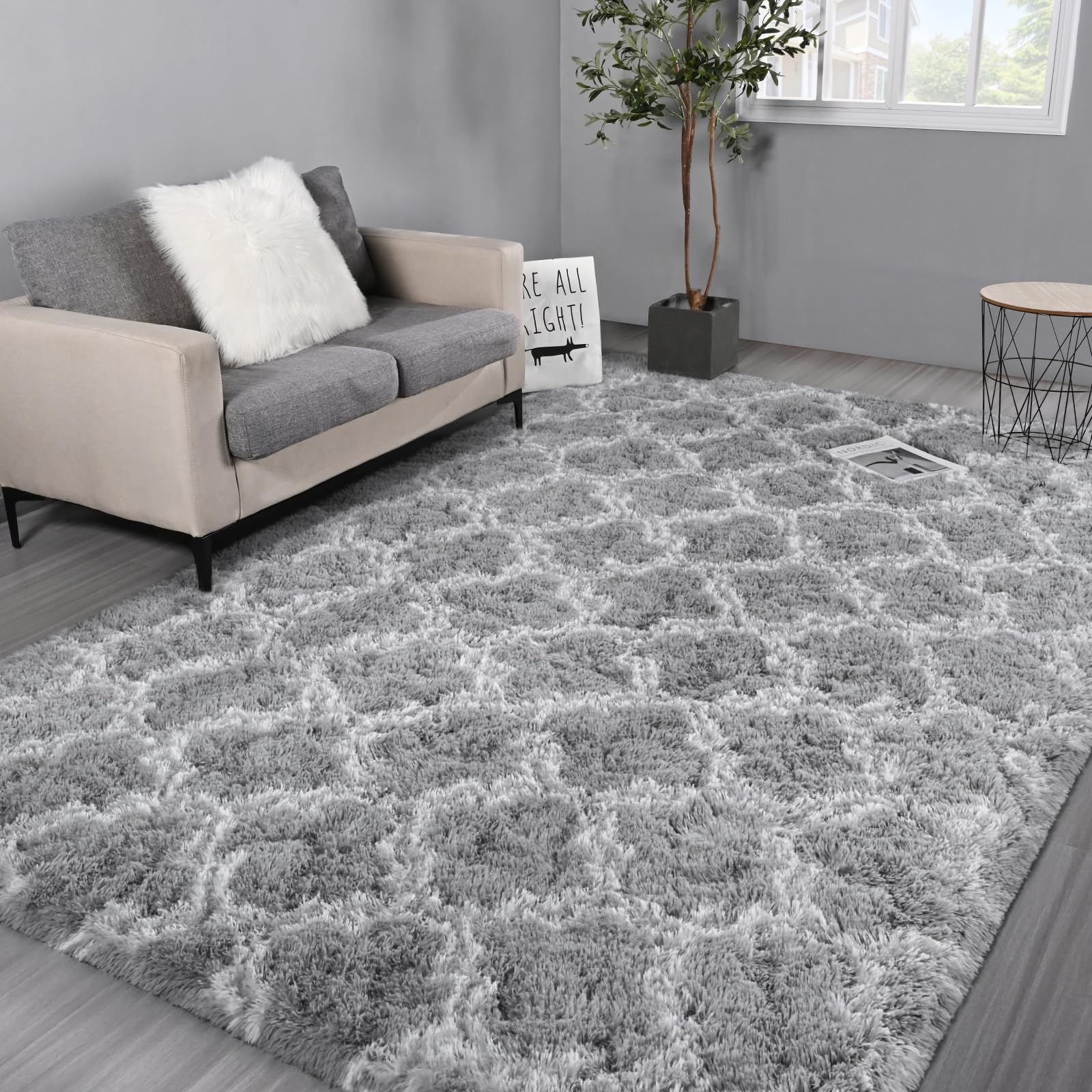 Hutha 5x8 Geometric Large Area Rugs for Living Room, Light Grey Modern Super Soft Bedroom Carpet, Moroccan Luxury Shag Plush Fluffy Rug for Kids Nursery Girls Room Indoor Home Decor