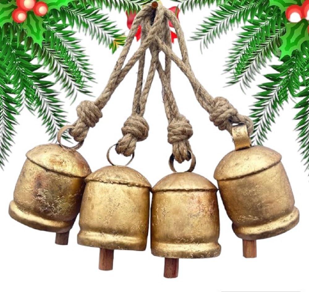 4 inch Giant Harmony Cow Bells Huge Vintage Handmade Rustic Lucky Christmas Hanging jingle bells (Country Rustic, Large) Set of 4 Handmade Bells with Jute Rope