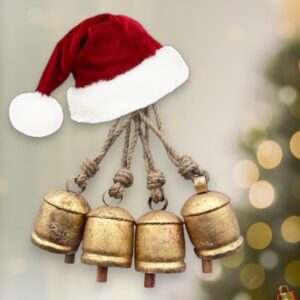 4 inch Giant Harmony Cow Bells Huge Vintage Handmade Rustic Lucky Christmas Hanging jingle bells (Country Rustic, Large) Set of 4 Handmade Bells with Jute Rope