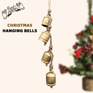 4 inch Giant Harmony Cow Bells Huge Vintage Handmade Rustic Lucky Christmas Hanging jingle bells (Country Rustic, Large) Set of 4 Handmade Bells with Jute Rope