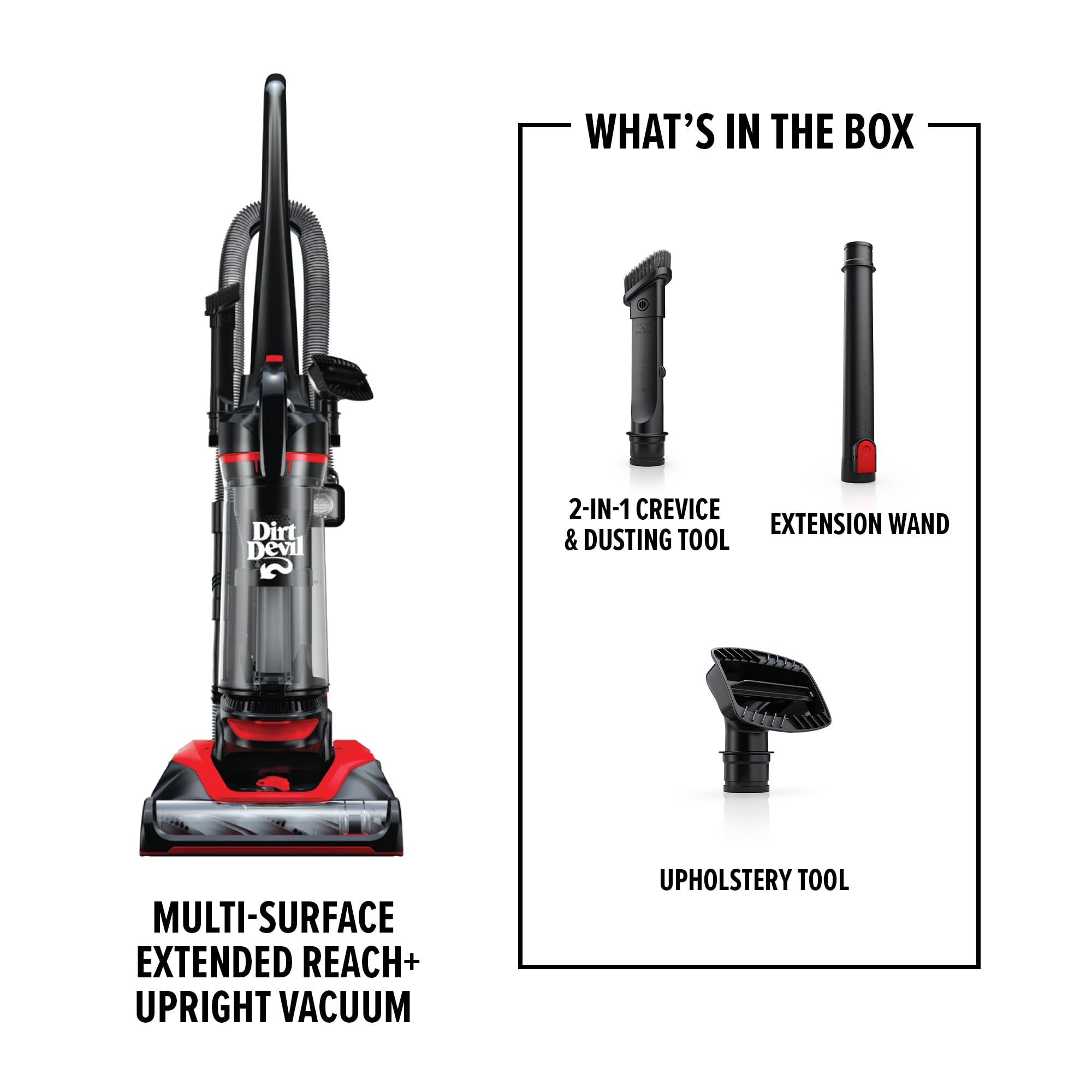 Dirt Devil Multi-Surface Extended Reach+ Bagless Upright Vacuum Cleaner Machine, for Carpet and Hard Floor, Height Adjustment, Powerful Suction with Versatile Tools, Lightweight, UD76300V, Red