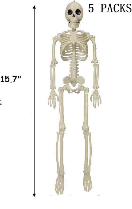 Halloween Skeletons Decorations, 16" Posable Plastic Skeleton 5 Packs, Full Body Skeleton Bulk with Movable Joints, Realistic Spooky Scary Skeletons for Outdoor Indoor Halloween Party Haunted House