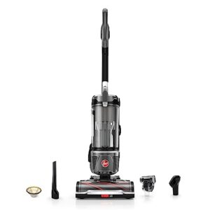 hoover windtunnel tangle guard bagless upright vacuum cleaner machine, for carpet and hard floor, strong suction with anti-hair wrap, hepa media filtration, lightweight, uh77100v, gray