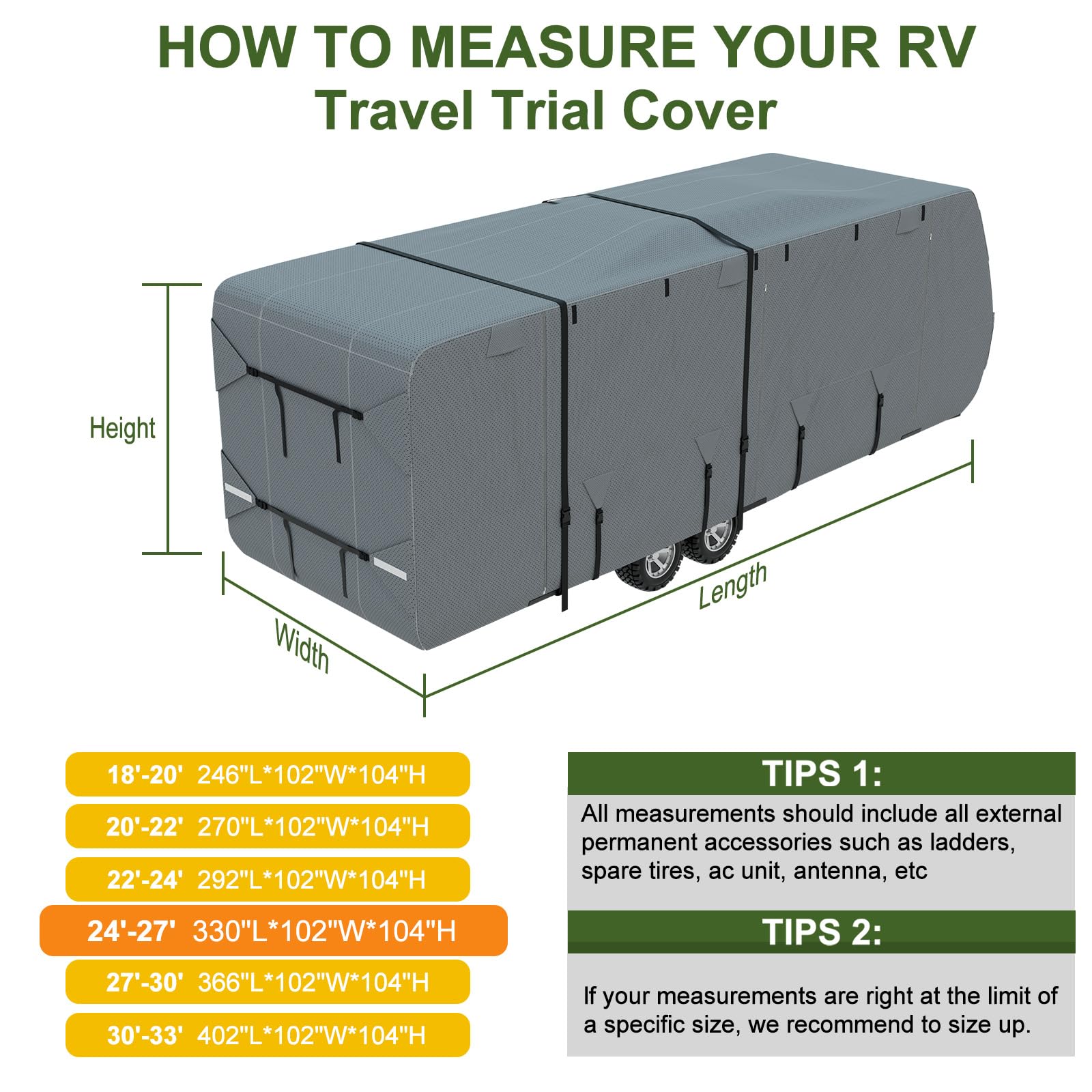 Mofeez Travel Trailer RV Cover, Extra-Thick Upgraded 5 Layers for Camper Cover 24'-27' Windproof Waterproof Rip-Stop RV Covers with Adhesive Repair Patches, 2Pcs Extra Straps & 4 Tire Covers