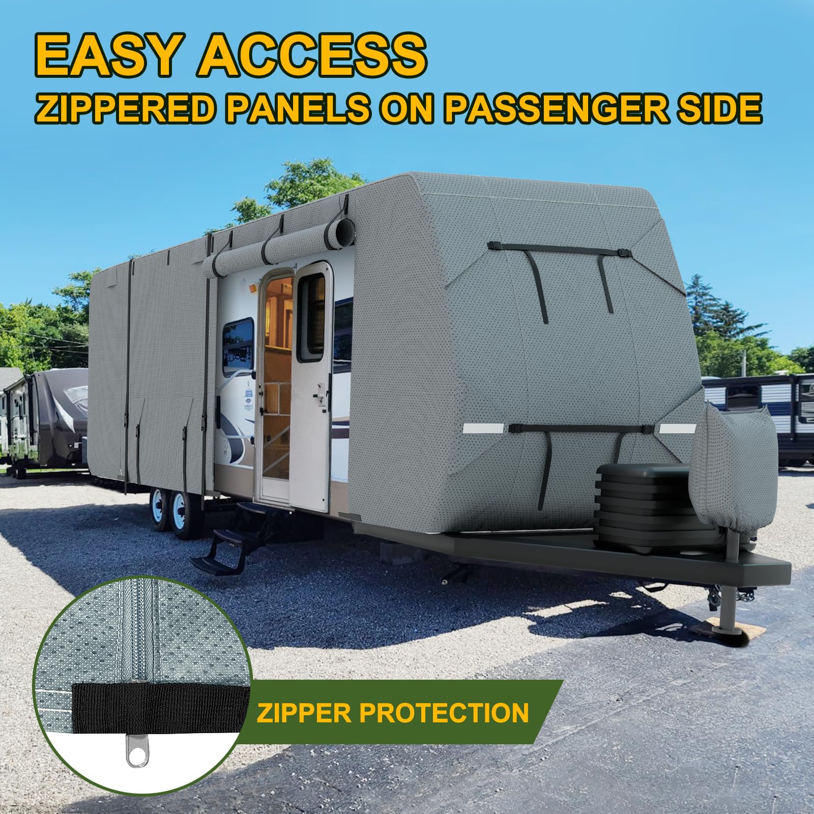 Mofeez Travel Trailer RV Cover, Extra-Thick Upgraded 5 Layers for Camper Cover 24'-27' Windproof Waterproof Rip-Stop RV Covers with Adhesive Repair Patches, 2Pcs Extra Straps & 4 Tire Covers