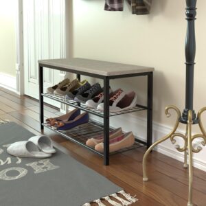 Rooflare Shoe Bench, 3 Tiers Shoe Rack for Entryway, Storage Organizer with Two Iron Shelf and top for Board, Shoe Shelf, Metal Steel Frame, Black, Durable