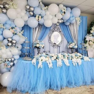 FLORA GRACE Balloon Garland Arch Kit - 146pcs Stunning Baby Blue Silver and White Party Decorations - Assorted Latex Balloons Strip Tape & Glue Dots for Birthdays Weddings Baby Showers and Events