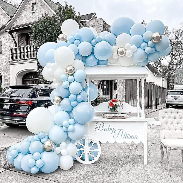 FLORA GRACE Balloon Garland Arch Kit - 146pcs Stunning Baby Blue Silver and White Party Decorations - Assorted Latex Balloons Strip Tape & Glue Dots for Birthdays Weddings Baby Showers and Events