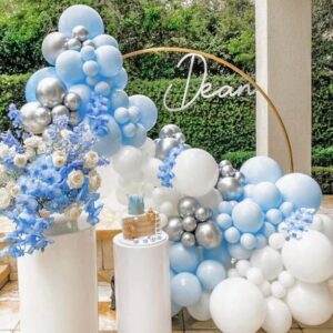 FLORA GRACE Balloon Garland Arch Kit - 146pcs Stunning Baby Blue Silver and White Party Decorations - Assorted Latex Balloons Strip Tape & Glue Dots for Birthdays Weddings Baby Showers and Events