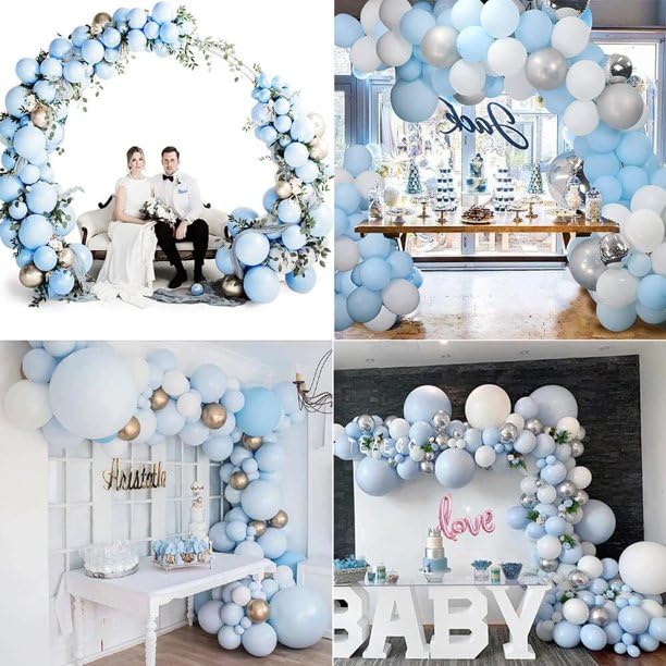 FLORA GRACE Balloon Garland Arch Kit - 146pcs Stunning Baby Blue Silver and White Party Decorations - Assorted Latex Balloons Strip Tape & Glue Dots for Birthdays Weddings Baby Showers and Events