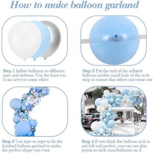 FLORA GRACE Balloon Garland Arch Kit - 146pcs Stunning Baby Blue Silver and White Party Decorations - Assorted Latex Balloons Strip Tape & Glue Dots for Birthdays Weddings Baby Showers and Events