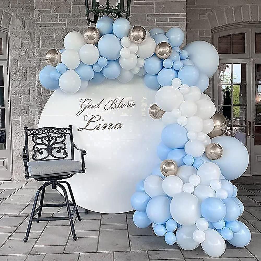 FLORA GRACE Balloon Garland Arch Kit - 146pcs Stunning Baby Blue Silver and White Party Decorations - Assorted Latex Balloons Strip Tape & Glue Dots for Birthdays Weddings Baby Showers and Events