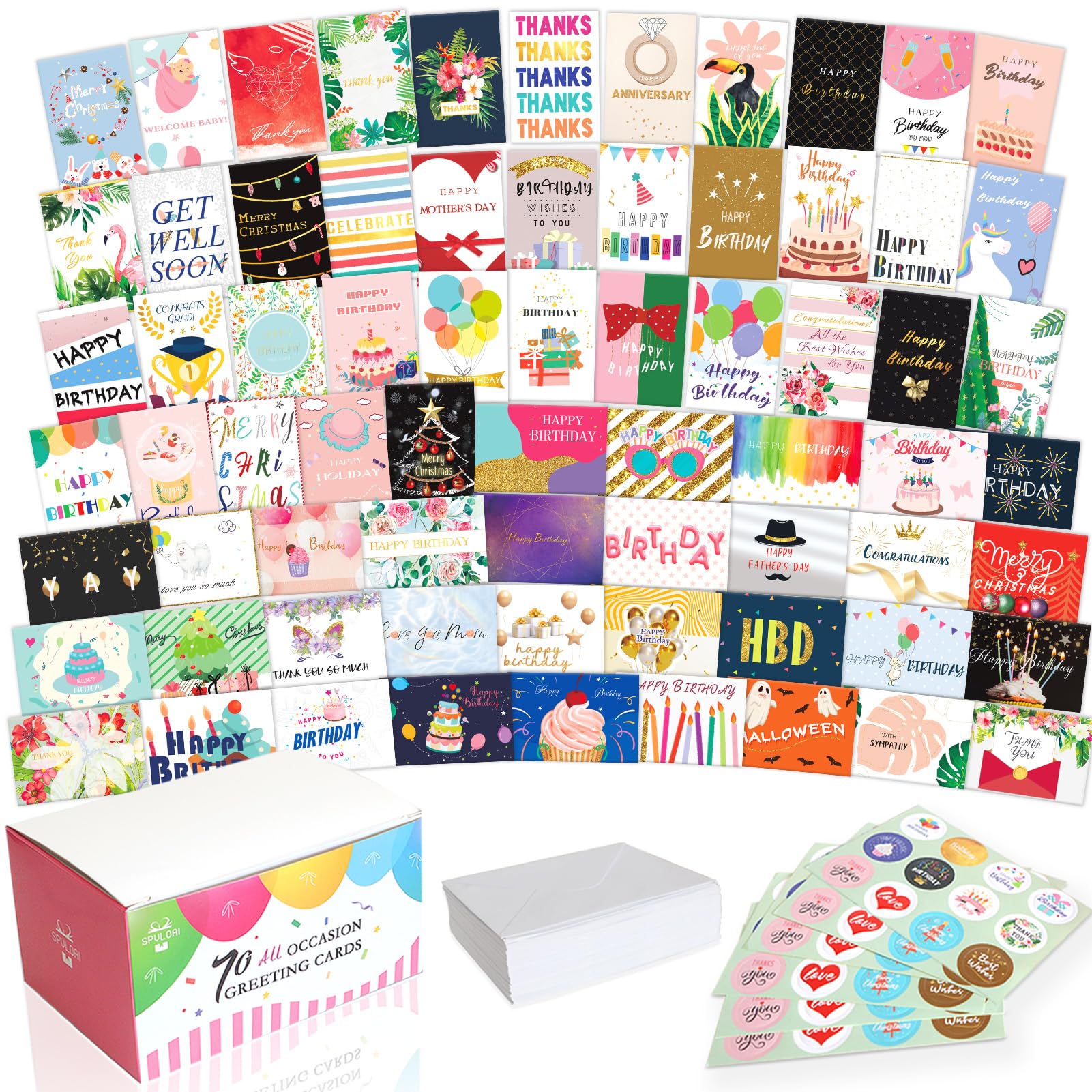 Spvloai 70 Unique Birthday Cards Bulk, All Occasion Greeting Cards Assortment Box with Blank Envelopes and Stickers, Happy Birthday Cards for Women, Men, Family, Friends, 4 x 6 Inches, Funny Birthday