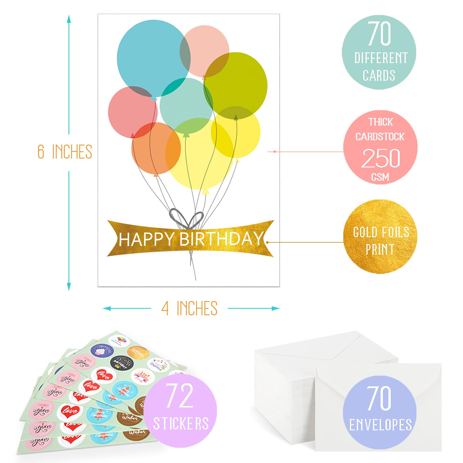 Spvloai 70 Unique Birthday Cards Bulk, All Occasion Greeting Cards Assortment Box with Blank Envelopes and Stickers, Happy Birthday Cards for Women, Men, Family, Friends, 4 x 6 Inches, Funny Birthday