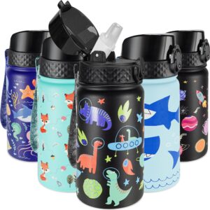 GOPPUS Kids Insulated Water Bottle - 14 Oz BPA Free 18/8 Stainless Steel Travel Bottle with Straw Water Bottle with Double Wall Vacuum Leak Proof Kids Cup for School Boys Girls, Space dinosaur