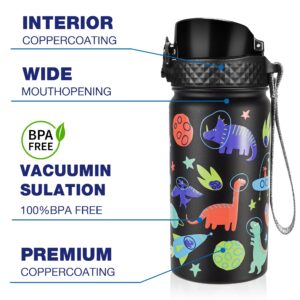 GOPPUS Kids Insulated Water Bottle - 14 Oz BPA Free 18/8 Stainless Steel Travel Bottle with Straw Water Bottle with Double Wall Vacuum Leak Proof Kids Cup for School Boys Girls, Space dinosaur