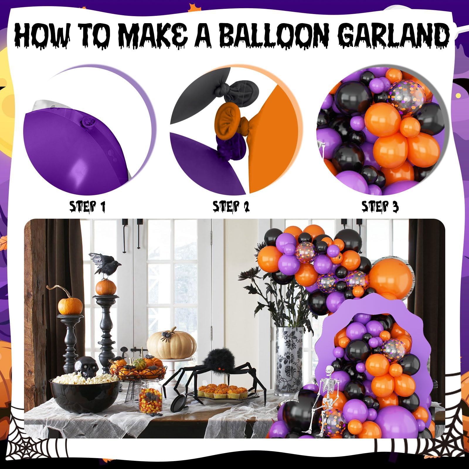 Jobkoo Black Purple Orange Balloon Arch Kit, Matte Orange Purple Black Balloon Garland Confetti Latex Balloons Orange Black Purple Helium Balloon for Happy Graduation Birthday Halloween Party Decor